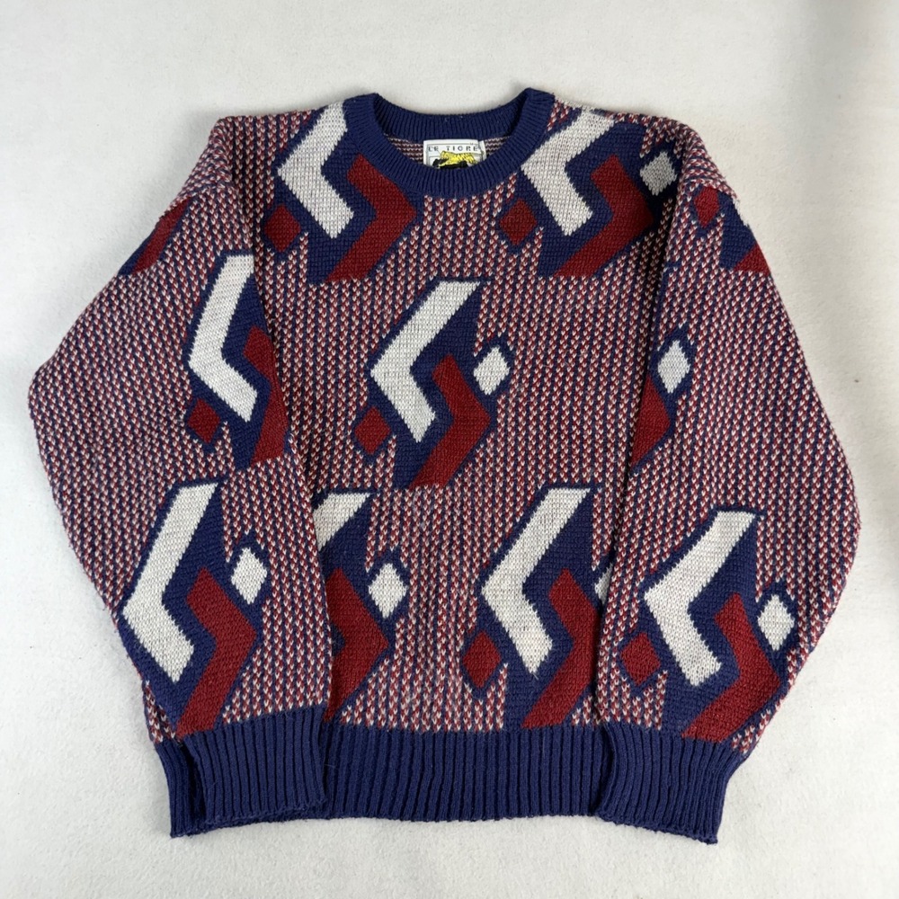 Vintage Le Tigre Mens Medium Geometric Abstract Knit Sweater USA Made Blue Red